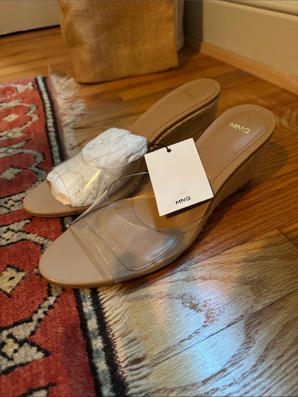 Mango NWT Clear Strap Tan Wedge Sandals 39